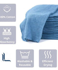 Blue 14x14 Inch 100-Pack Cotton Auto Shop Towels for Detailing and Industrial Cleaning, stack of folded blue towels