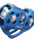 Close-up of Zipline Pulley System With 30KN Double Tandem Trolley And 25KN Carabiner For Quarter Inch Five Sixteenths Inch Three Eighths Inch And Half Inch Cable Built Tough Outdoor Rescue Gear CE Certified, showing blue aluminum-magnesium alloy shell and stainless steel ball bearings.