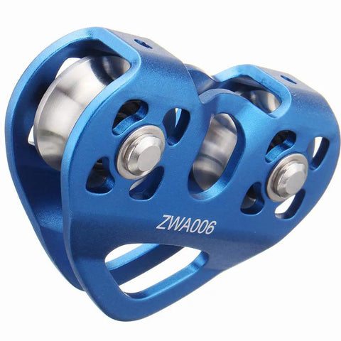 Close-up of Zipline Pulley System With 30KN Double Tandem Trolley And 25KN Carabiner For Quarter Inch Five Sixteenths Inch Three Eighths Inch And Half Inch Cable Built Tough Outdoor Rescue Gear CE Certified, showing blue aluminum-magnesium alloy shell and stainless steel ball bearings.