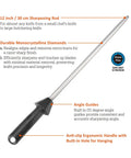 Diamond Sharpener Rod For Knives With Built-In Angle Guides, 12-Inch, Extra Fine 1200 Grit, ergonomic handle and monocrystalline coating