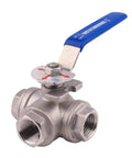 3-Way Ball Valve With T Mounting Pad Stainless 304 Heavy Duty, Female Half Inch NPT, Vinyl Locking Handle, Half Inch Ports