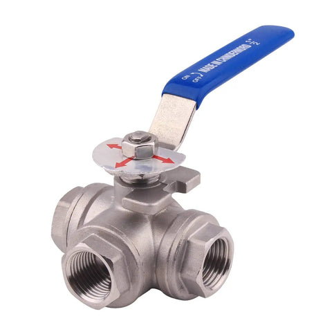 3-Way Ball Valve With T Mounting Pad Stainless 304 Heavy Duty, Female Half Inch NPT, Vinyl Locking Handle, Half Inch Ports