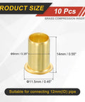 Brass compression sleeve insert for 9mm ID tube, front view, 14mm tall with 11.5mm outer diameter