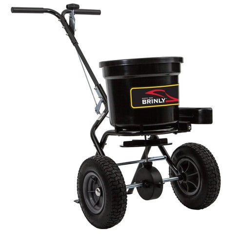 Heavy-Duty Push Spreader With Side Deflector Kit And Hopper Grate For Lawn Care, 50 Lb Capacity, flat black finish, side view
