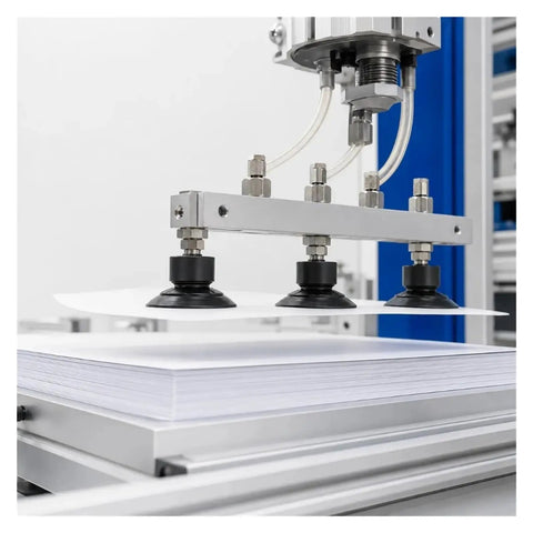10 Piece Set Of Sff10~40 Pneumatic Vacuum Suction Cups Silicone And NBR gripping paper sheets in a factory automation setup.