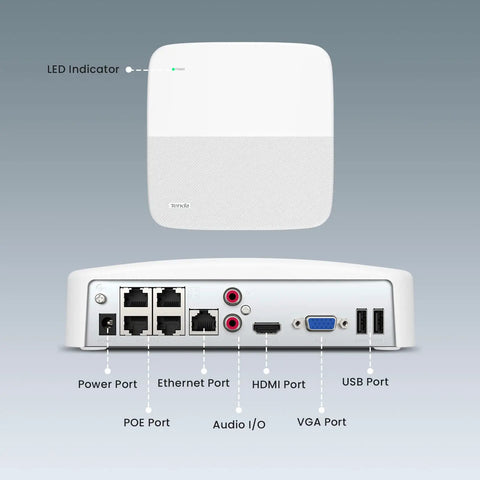Back view of 8 Channel PoE NVR System With 4K Recording, H.265 Surveillance Recorder, ports labeled, includes Power, Ethernet, POE