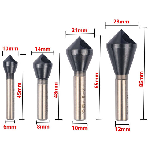 VALYRIANTOOL 4-piece cobalt countersink drill bit set, TiAlN-coated 90° chamfer tools; shanks 6,8,10,12mm; heads 10/14/21/28mm