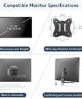 Compatible monitor specifications for 17 to 32 inch displays with VESA mount details for Rugged Pole Mount Monitor Arm Featuring Smooth Gas Spring Design.