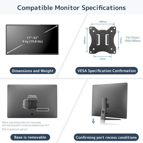 Compatible monitor specifications for 17 to 32 inch displays with VESA mount details for Rugged Pole Mount Monitor Arm Featuring Smooth Gas Spring Design.