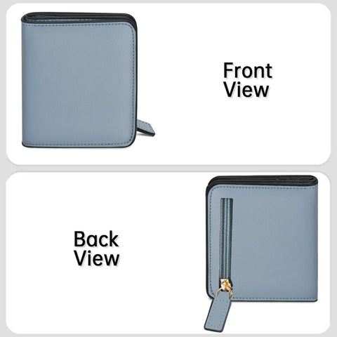 Front and back view of Women's Slim Leather Wallet With RFID Protection, Compact Bifold Purse, Blue, showing design details.