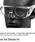 4 Pack Anti Fog Clear Lens Safety Glasses That Fit Over Eyeglasses With Wraparound Side Shields For Nurses Med Pros And Everyday Shooters Durable Protective Eyewear For Work Or Play displayed on mannequin