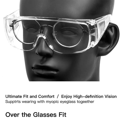 4 Pack Anti Fog Clear Lens Safety Glasses That Fit Over Eyeglasses With Wraparound Side Shields For Nurses Med Pros And Everyday Shooters Durable Protective Eyewear For Work Or Play displayed on mannequin