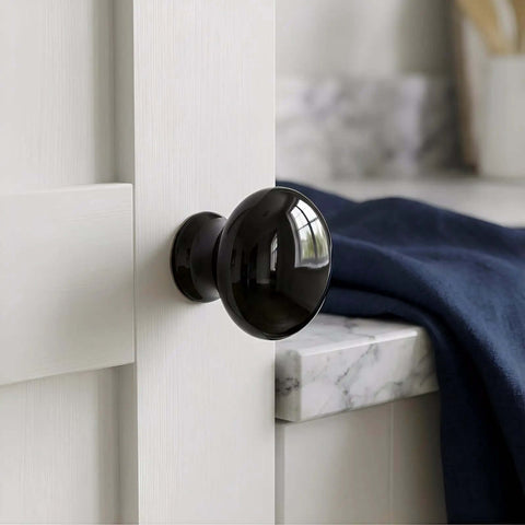 30 Pack Dope Black Ceramic Cabinet Knobs 1.5 Inch (38mm) Round Single Hole Door Knobs with 30 Screws on white cabinet