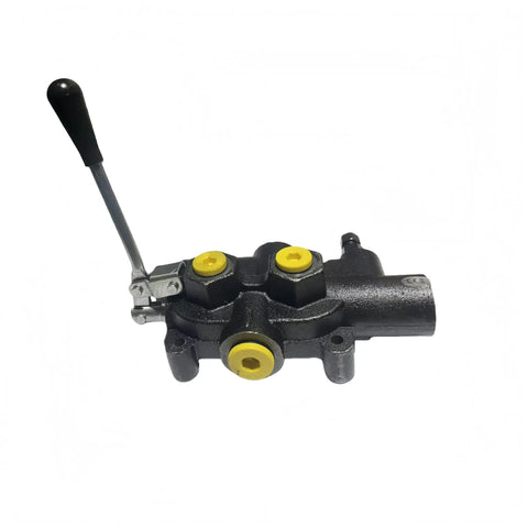 Front view of 25 GPM 2750 PSI Hydraulic Log Splitter Valve With High Flow Heavy Duty Beefy Three Quarters Inch NPT Ports Auto Return And Float Detent Control For Wood Splitters Tractors And Hydraulic Systems Replacement