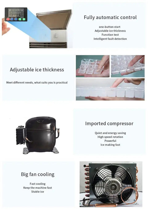 Heavy Duty Commercial Ice Maker Kicks Out 1980 Lbs Of Rock Solid Square Cubes Daily In A Massive 1100 Lb Hopper With Zero Hassle 110V Automatic Operation For Home Bars And Restaurants control panel, adjustable ice thickness, compressor, cooling system