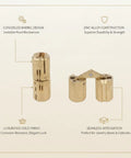 Slick Concealed Barrel Hinge in gold zinc alloy finish, showing pivot design and gold finish for jewelry boxes and cabinets.