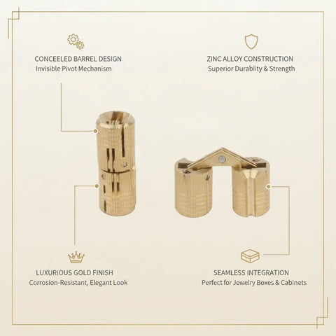 Slick Concealed Barrel Hinge in gold zinc alloy finish, showing pivot design and gold finish for jewelry boxes and cabinets.