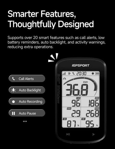 BSC100MAX GPS Bike Computer With 3 Inch Display showing smart features on screen