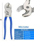 Close-up of wire cutter from Beefed Up Battery Cable Lug Crimping Tool Kit, featuring blue handles and specifications.