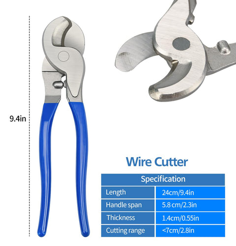 Close-up of wire cutter from Beefed Up Battery Cable Lug Crimping Tool Kit, featuring blue handles and specifications.