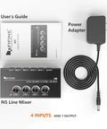 Four Channel Line Mixer For Sub Mixing With Ultra Low Noise, Mini 4 Channel Audio Mixer With AC Adapter, user manual and adapter