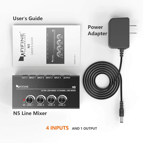 Four Channel Line Mixer For Sub Mixing With Ultra Low Noise, Mini 4 Channel Audio Mixer With AC Adapter, user manual and adapter