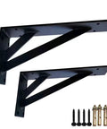 2 Pack Straight Up Heavy Duty Triangle Shelf Brackets Built Like A Tank For Wall Mounted Floating Shelves Rugged Carbon Steel Corner Supports With Mounting Hardware Matte Black 31.5 Inches showing brackets and fasteners.