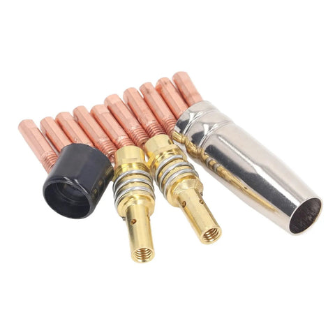 Pro Grade MIG Welding Accessory Kit 14 Piece Red Copper Torch Tips, Gas Nozzles, and Connecting Rod Covers for 15AK MIG MAG Torches