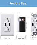 Product size illustration for Dual Usb Wall Outlet Featuring 15 Amp Tamper Resistant Ports And 3.6 Amp High Speed Type A Connections.