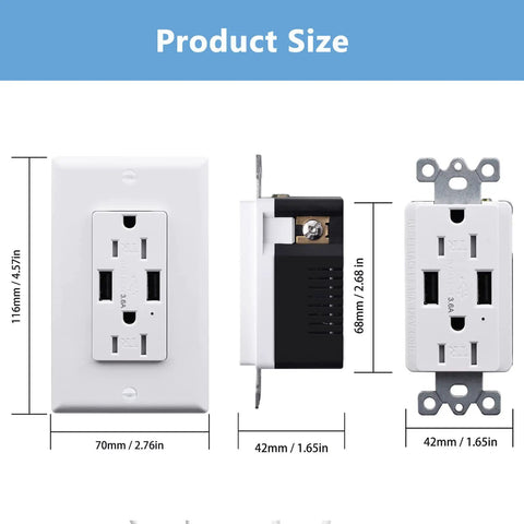 Sweet Dual Usb Wall Outlet Loaded With 3.6a Type A Charge Ports Alongside 15a Tamper Resistant Power Sockets UL Certified dimensions and specifications.