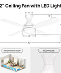 Diagram of Low Profile 52 Inch Ceiling Fan With LED Lights No Sweat Remote Control Quiet Reversible DC Motor, size and room fit.