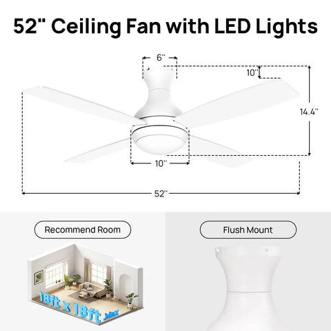 Diagram of Low Profile 52 Inch Ceiling Fan With LED Lights No Sweat Remote Control Quiet Reversible DC Motor, size and room fit.