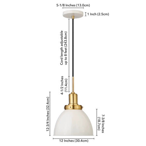 12 Inch Wide Pendant Light With Metal Shade In Pearled White And Brass Finish, Adjustable 8 Ft Cord, Hardwired Dome Fixture