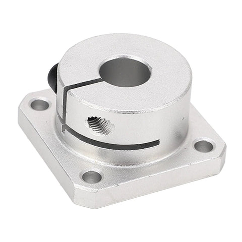 Front view of square-flange linear bearing, silver metal, 12mm bore, four mounting holes.