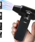 Cordless Electric Air Duster With 3 Gear Mini Portable Jet Dry Blower showing wind effect and USB charging in hand