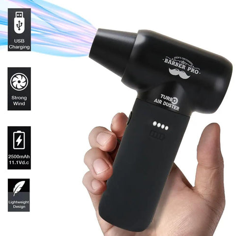 Cordless Electric Air Duster With 3 Gear Mini Portable Jet Dry Blower showing wind effect and USB charging in hand