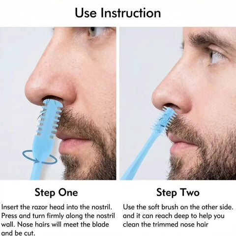 Two In One Nasal Hair Cutter Set For Men And Women With 360 Degree Rotating Manual Nose Trimmer And Soft Cleaning Brush Portable Design For Quick Precise Trimming And Gentle Cleanup On The Go used by a man