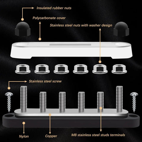 Heavy Duty 250A Marine Bus Bar 12 To 48 Volt Power Distribution Block with polycarbonate cover, screws, and studs.