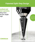 Seven Eighths Inch Step Bit Metal Cutter with Patented Split Step Design, fits half inch drill chucks, shown in use