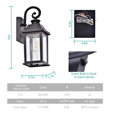 Dusk To Dawn Outdoor Wall Light With Sensor, Waterproof Matte Black Porch Sconce, Clear Glass Exterior Lantern dimensions
