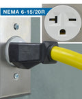 NEMA 6-20 Heavy Duty Extension Cord 20 Amp 250 Volt 25 Feet Weatherproof Molded Design plugged into outlet