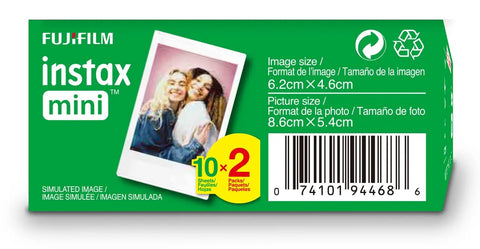 Fresh White Instant Camera Film Twin Pack For Mini Models shown with image size and pack details on green background.