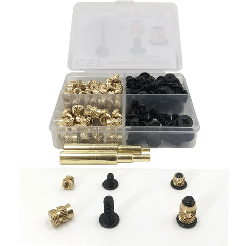 Heavy Duty Pro Grade Threaded Insert And Bolt Kit for Industrial 3D Printing Projects with brass M3 M4 inserts and black bolts in box