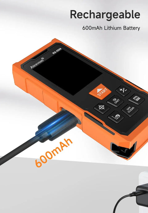 60m Laser Distance Measure With Backlit Screen And Cross Laser, Digital Tape Conversion, 196ft Range, Electronic Angle And Area Volume Calculator For DIY Renovations And Pro Jobs, Shop Ready And Handy, orange rechargeable 600mAh lithium battery