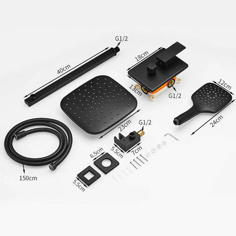 UMJIGF Black Shower System with Hot and Cold Water Contemporary Shower Faucet Set components including square shower head, handheld, and hoses.