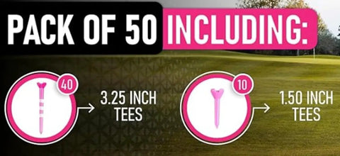 Pink Womens Golf Tees 50 Count With 40 Tall Three And A Quarter Inch Tees And 10 Short One And A Half Inch Tees Near Unbreakable Plastic Four Prong With Stripes Great For Drivers Fairways Irons And Par 3 Play graphic showing packaging details