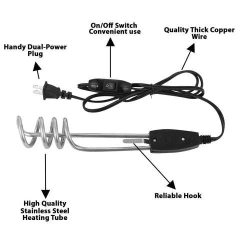 Portable Immersion Water Heater 1000W 110V with On Off Switch and stainless steel heating tube for travel buckets.