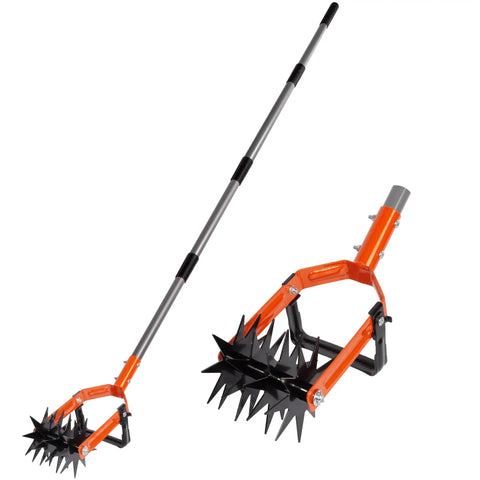 Rotary Cultivator Garden Tool With Adjustable Long Handle Tiller Featuring Star Shaped Rolling Tines For Lawn Care Weeder And Soil Aerator