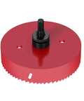 6-3/8 Inch Hole Saw With Heavy Duty Arbor displayed close-up, showing red bi-metal saw blade for DIY cutting through wood and metal