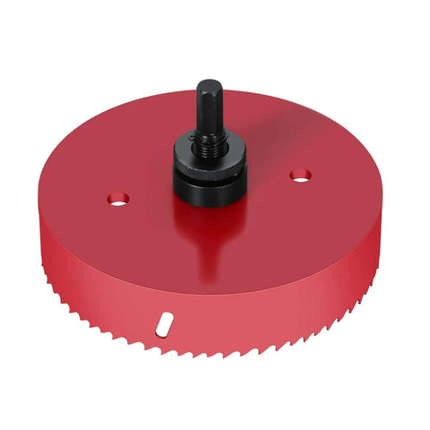 6-3/8 Inch Hole Saw With Heavy Duty Arbor displayed close-up, showing red bi-metal saw blade for DIY cutting through wood and metal